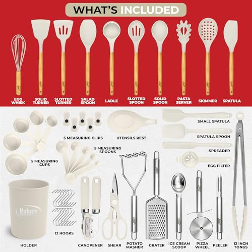 Kaluns 50 PCS Silicone Kitchen Utensils Set Complete Kitchen Set - 800°F Heat Resistant Non-Stick Premium Silicone Cooking Utensils W Wooden Handles - Can Opener, Masher, Turner, Silicone Spatula Set - My Kitchen Products