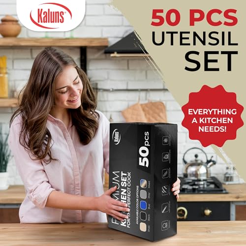 Kaluns 50 PCS Silicone Kitchen Utensils Set Complete Kitchen Set - 800°F Heat Resistant Non-Stick Premium Silicone Cooking Utensils W Wooden Handles - Can Opener, Masher, Turner, Silicone Spatula Set - My Kitchen Products