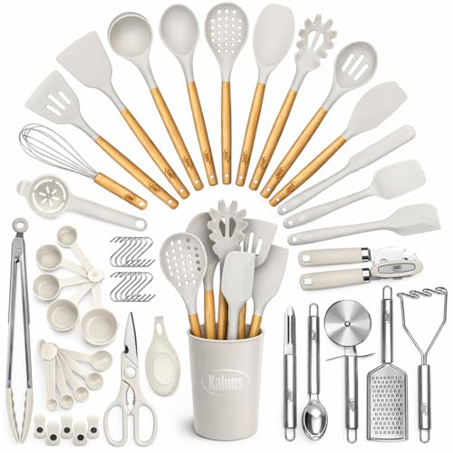 Kaluns 50 PCS Silicone Kitchen Utensils Set Complete Kitchen Set - 800°F Heat Resistant Non-Stick Premium Silicone Cooking Utensils W Wooden Handles - Can Opener, Masher, Turner, Silicone Spatula Set - My Kitchen Products