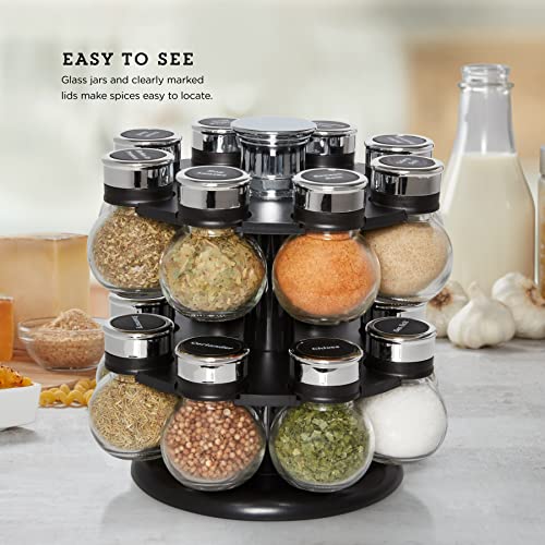 Kamenstein 16 Jar Ellington Revolving Countertop Spice Rack with Lift & Pour Caps and Spices Included, FREE Spice Refills for 5 Years: Black and Chrome - My Kitchen Products