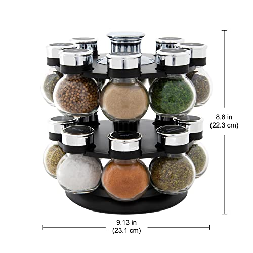 Kamenstein 16 Jar Ellington Revolving Countertop Spice Rack with Lift & Pour Caps and Spices Included, FREE Spice Refills for 5 Years: Black and Chrome - My Kitchen Products