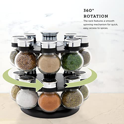 Kamenstein 16 Jar Ellington Revolving Countertop Spice Rack with Lift & Pour Caps and Spices Included, FREE Spice Refills for 5 Years: Black and Chrome - My Kitchen Products