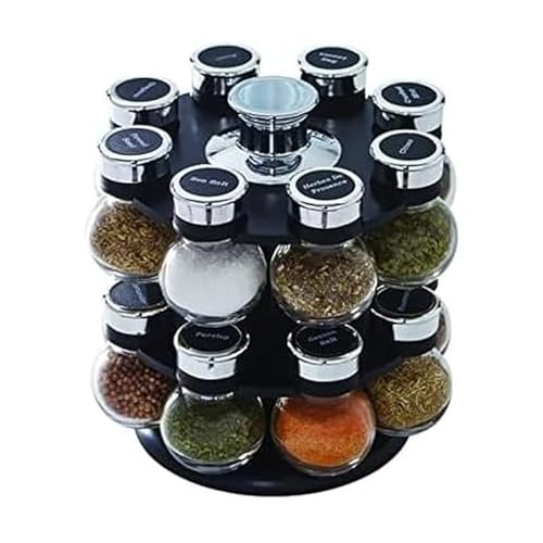 Kamenstein 16 Jar Ellington Revolving Countertop Spice Rack with Lift & Pour Caps and Spices Included, FREE Spice Refills for 5 Years: Black and Chrome - My Kitchen Products