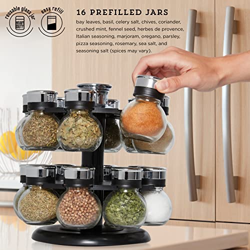 Kamenstein 16 Jar Ellington Revolving Countertop Spice Rack with Lift & Pour Caps and Spices Included, FREE Spice Refills for 5 Years: Black and Chrome - My Kitchen Products