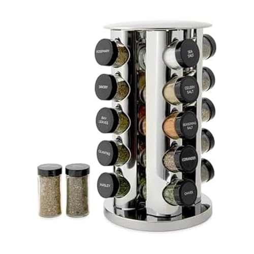 Kamenstein 20 Jar Revolving Countertop Spice Rack with Spices Included, FREE Spice Refills for 5 Years, Polished Stainless Steel with Black Caps, 30020 - My Kitchen Products