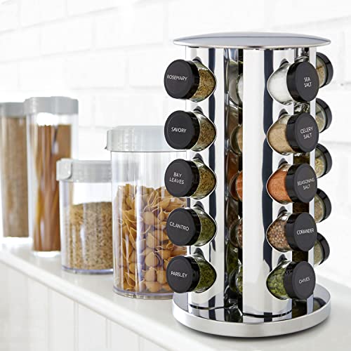 Kamenstein 20 Jar Revolving Countertop Spice Rack with Spices Included, FREE Spice Refills for 5 Years, Polished Stainless Steel with Black Caps, 30020 - My Kitchen Products