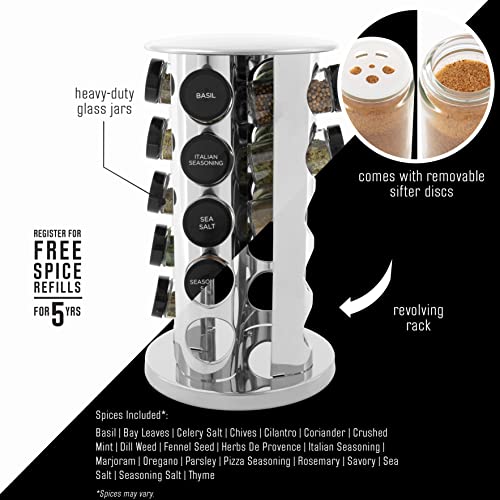 Kamenstein 20 Jar Revolving Countertop Spice Rack with Spices Included, FREE Spice Refills for 5 Years, Polished Stainless Steel with Black Caps, 30020 - My Kitchen Products