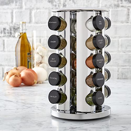 Kamenstein 20 Jar Revolving Countertop Spice Rack with Spices Included, FREE Spice Refills for 5 Years, Polished Stainless Steel with Black Caps, 30020 - My Kitchen Products