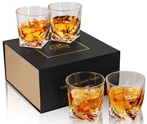 KANARS Whiskey Glasses Set of 4, 10 Oz Crystal Old Fashioned Cocktail Glass in Gift