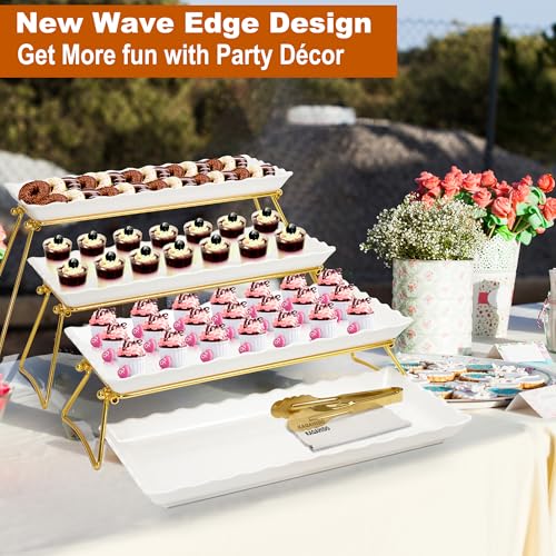 KAQAHIDO Extra Large 4 Tier Serving Tray Set, 34x22x10 inch Wave Edge Melamine Dessert Table Display Set, Tiered Trays Stand for Party Buffet Entertaining, Gold and White - My Kitchen Products