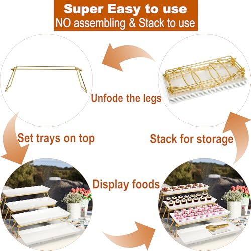 KAQAHIDO Extra Large 4 Tier Serving Tray Set, 34x22x10 inch Wave Edge Melamine Dessert Table Display Set, Tiered Trays Stand for Party Buffet Entertaining, Gold and White - My Kitchen Products