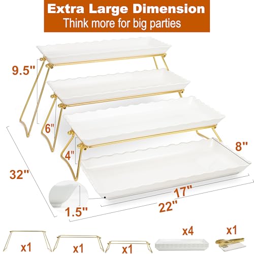 KAQAHIDO Extra Large 4 Tier Serving Tray Set, 34x22x10 inch Wave Edge Melamine Dessert Table Display Set, Tiered Trays Stand for Party Buffet Entertaining, Gold and White - My Kitchen Products