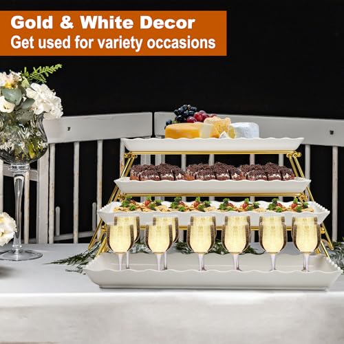KAQAHIDO Extra Large 4 Tier Serving Tray Set, 34x22x10 inch Wave Edge Melamine Dessert Table Display Set, Tiered Trays Stand for Party Buffet Entertaining, Gold and White - My Kitchen Products