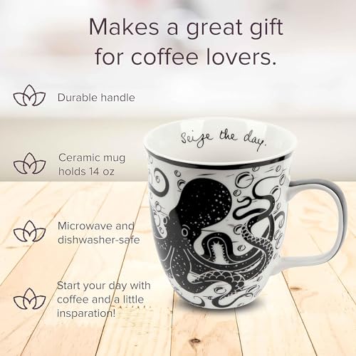 Karma Gifts 14 oz Black and White Boho Mug Octopus - Cute Coffee and Tea Mug - Ceramic Coffee Mugs for Women and Men - My Kitchen Products