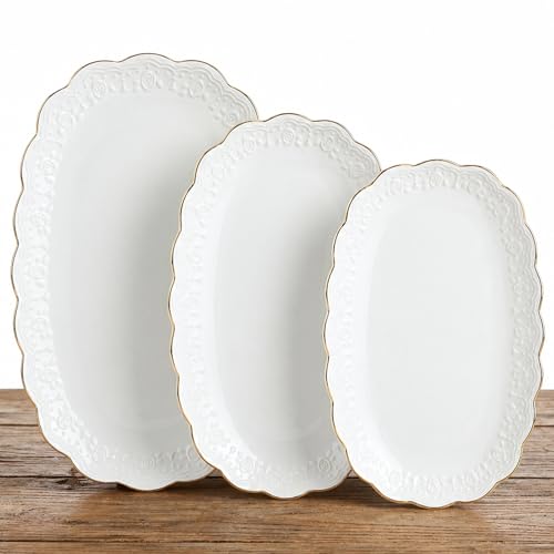 Kassel Ceramic Serving Platter Set, 14”/12”/10” Oval Serving Trays for Entertaining at Parties and Weddings, Oven Safe Large