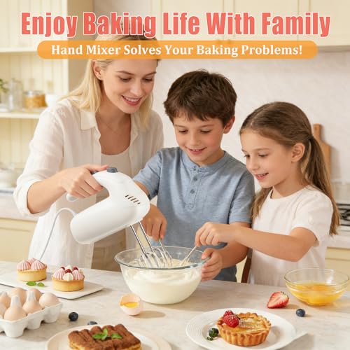 Katroiy 300W Hand Mixer Electric Handheld, 5 Speed Lightweight Kitchen Blender, Turbo Boost/Self-Control Speed Hand Held Beater Mixer with 4 Stainless Steel Whisks for Baking Cakes Eggs Cream, White - My Kitchen Products
