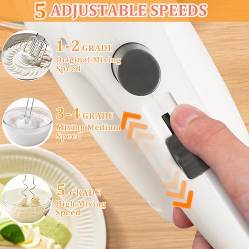 Katroiy 300W Hand Mixer Electric Handheld, 5 Speed Lightweight Kitchen Blender, Turbo Boost/Self-Control Speed Hand Held Beater Mixer with 4 Stainless Steel Whisks for Baking Cakes Eggs Cream, White - My Kitchen Products