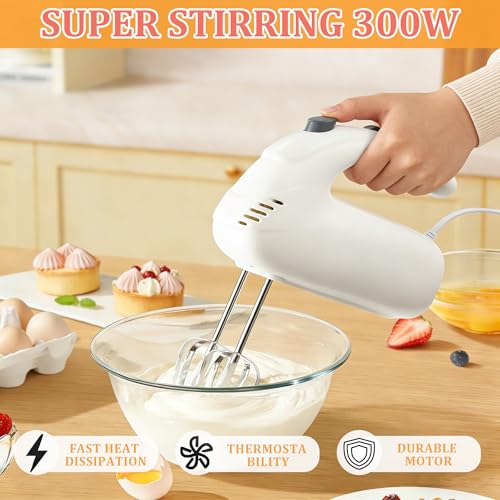Katroiy 300W Hand Mixer Electric Handheld, 5 Speed Lightweight Kitchen Blender, Turbo Boost/Self-Control Speed Hand Held Beater Mixer with 4 Stainless Steel Whisks for Baking Cakes Eggs Cream, White - My Kitchen Products