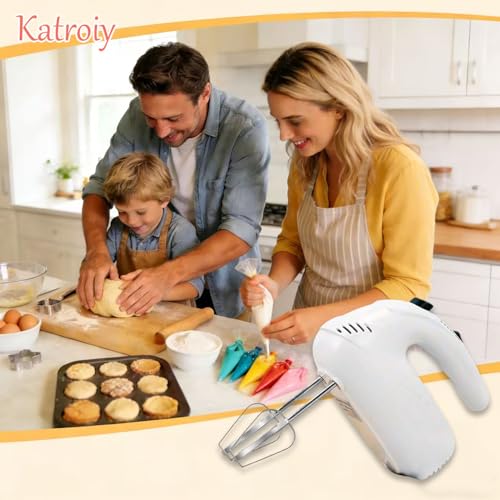 Katroiy 300W Hand Mixer Electric Handheld, 5 Speed Lightweight Kitchen Blender, Turbo Boost/Self-Control Speed Hand Held Beater Mixer with 4 Stainless Steel Whisks for Baking Cakes Eggs Cream, White - My Kitchen Products
