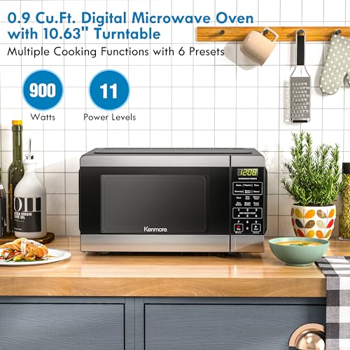 Kenmore Countertop Microwave, 6 Auto-Preset Menus, Child Lock, Defrost & Express Cooking Features, 900 Watt, .9 Cu Ft, Stainless Steel - My Kitchen Products