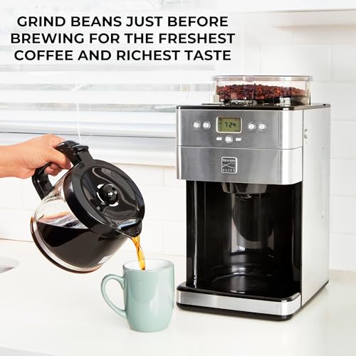 Kenmore Elite Grind and Brew Coffee Maker w/ Burr Grinder, 12 Cup Programmable Automatic Timer Brew Coffee Machine, Air-Tight Bean Hopper, Grind Size and Brew Strength Selectors, Stainless Steel - My Kitchen Products