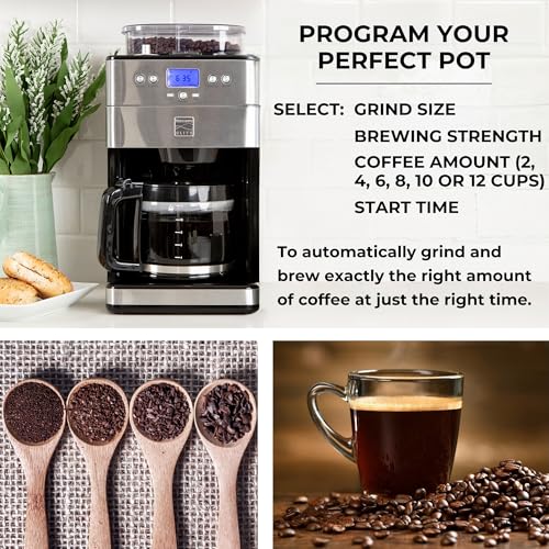 Kenmore Elite Grind and Brew Coffee Maker w/ Burr Grinder, 12 Cup Programmable Automatic Timer Brew Coffee Machine, Air-Tight Bean Hopper, Grind Size and Brew Strength Selectors, Stainless Steel - My Kitchen Products