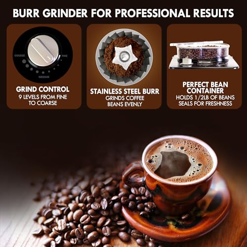 Kenmore Elite Grind and Brew Coffee Maker w/ Burr Grinder, 12 Cup Programmable Automatic Timer Brew Coffee Machine, Air-Tight Bean Hopper, Grind Size and Brew Strength Selectors, Stainless Steel - My Kitchen Products