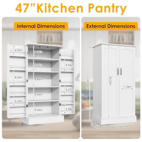 kepptory 47” Pantry Cabinet, Kitchen Pantry Storage Cabinet with Doors and Adjustable Shelves,Freestanding Buffet Cupboards Sideboard for Living Room and Dinning Room (White) - My Kitchen Products