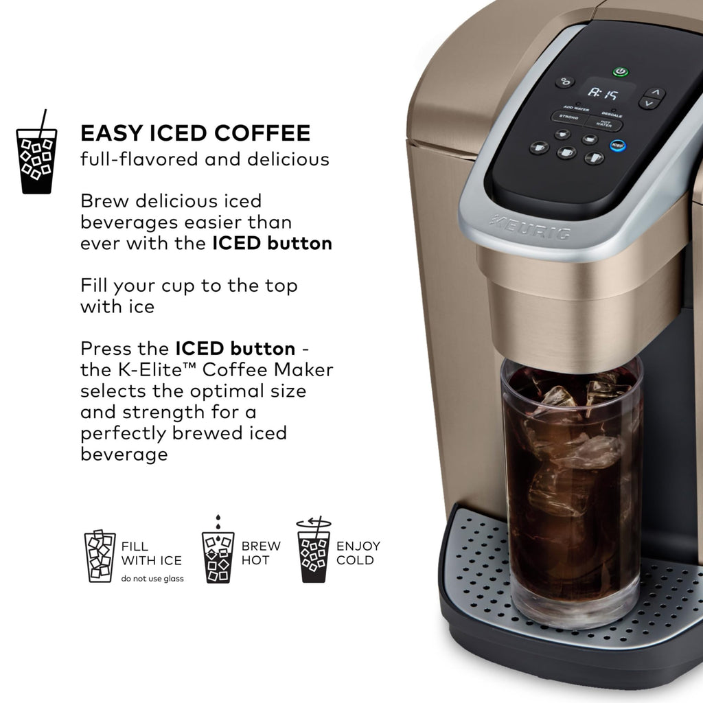 Keurig K-Elite Single Serve K-Cup Pod Coffee Maker, with Strength and Temperature Control, Iced Coffee Capability, 8 to 12oz Brew Size, Programmable, Brushed Gold - My Kitchen Products