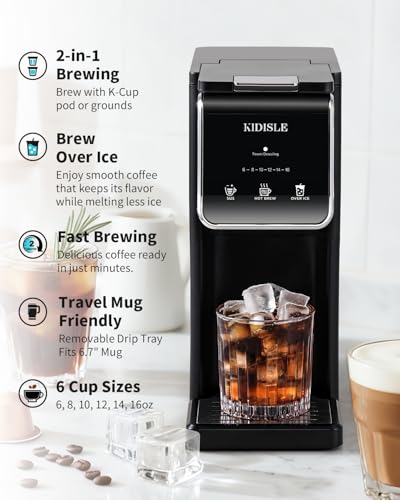 KIDISLE Hot & Iced Single Serve Coffee Maker for K Cup & Grounds, 6–16oz Brew Sizes, 40oz Water Tank, Reusable Pod Filter, Easy-to-Use for Home, Office, Dorm, Black - My Kitchen Products
