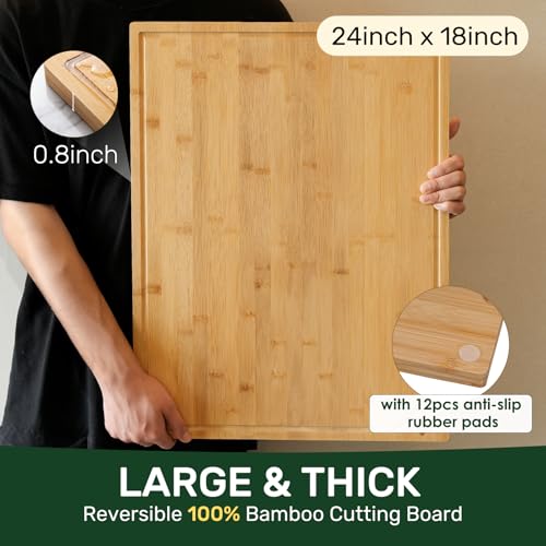Kikcoin 24”×18” Bamboo Cutting Boards for Kitchen, Wooden Healthy Cutting Boards for Charcuterie, Vegetables, Cheese, Bread, Extra Large Chopping Boards with Deep Juice Groove and Handle, Natural - My Kitchen Products