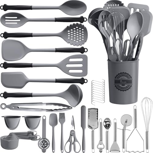 Kikcoin 43Pcs Large Kitchen Utensils Set - Silicone Cooking Utensils Set, Dishwasher Safe Spatula Set for Non-stick Cookware, 446°F Heat Resistant Kitchen Utensils Set with Holder BPA Free, Grey - My Kitchen Products