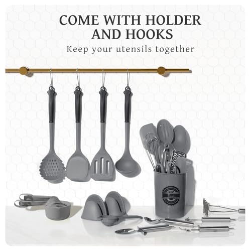 Kikcoin 43Pcs Large Kitchen Utensils Set - Silicone Cooking Utensils Set, Dishwasher Safe Spatula Set for Non-stick Cookware, 446°F Heat Resistant Kitchen Utensils Set with Holder BPA Free, Grey - My Kitchen Products