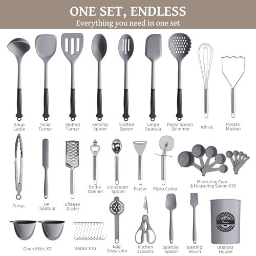 Kikcoin 43Pcs Large Kitchen Utensils Set - Silicone Cooking Utensils Set, Dishwasher Safe Spatula Set for Non-stick Cookware, 446°F Heat Resistant Kitchen Utensils Set with Holder BPA Free, Grey - My Kitchen Products