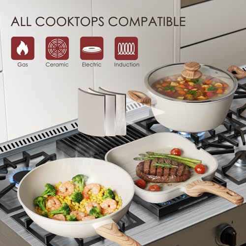 Kikcoin Pots and Pans Set Non Stick 31 Piece Kitchen Nonstick Cooking Cookware Sets with Grill Pan Saucepan Baking Sheet Utensil, Cream White - My Kitchen Products