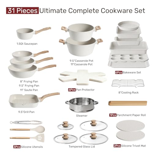 Kikcoin Pots and Pans Set Non Stick 31 Piece Kitchen Nonstick Cooking Cookware Sets with Grill Pan Saucepan Baking Sheet Utensil, Cream White - My Kitchen Products