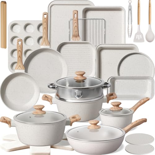 Kikcoin Pots and Pans Set Non Stick 31 Piece Kitchen Nonstick Cooking Cookware Sets with Grill Pan Saucepan Baking Sheet Utensil, Cream White - My Kitchen Products