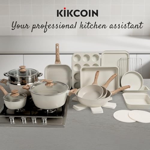 Kikcoin Pots and Pans Set Non Stick 31 Piece Kitchen Nonstick Cooking Cookware Sets with Grill Pan Saucepan Baking Sheet Utensil, Cream White - My Kitchen Products