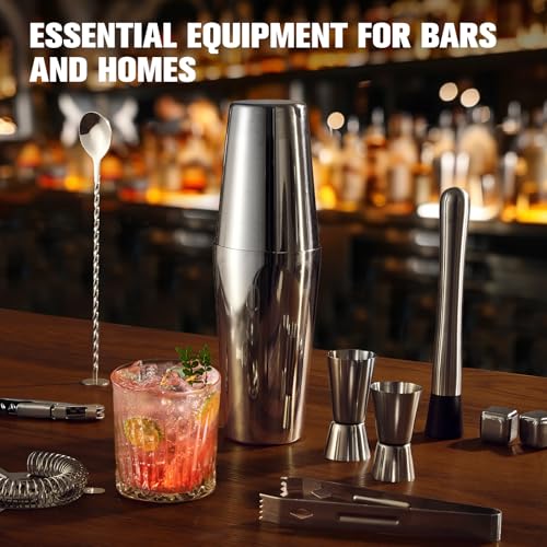 KINGROW Cocktail Shaker Set Bartender Kit, Stainless Steel Boston Bar Tools Drink Mixer Set with Stand & Recipe Booklet for Home Cocktail Making | Silver - My Kitchen Products