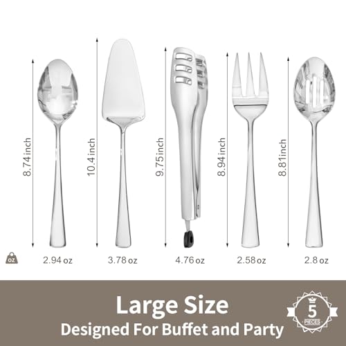 KINGSTONE 5 Piece Serving Utensils Set, 18/10 Stainless Steel Serving Utensils Large, Serving Spoon, Slotted Spoon, Fork, Tong, Cake Server for Buffet, Parties, Kitchen,Entertaining, Wedding - My Kitchen Products