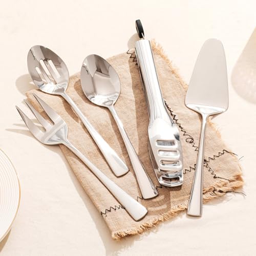 KINGSTONE 5 Piece Serving Utensils Set, 18/10 Stainless Steel Serving Utensils Large, Serving Spoon, Slotted Spoon, Fork, Tong, Cake Server for Buffet, Parties, Kitchen,Entertaining, Wedding - My Kitchen Products