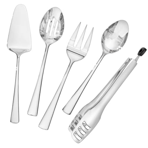 KINGSTONE 5 Piece Serving Utensils Set, 18/10 Stainless Steel Serving Utensils Large, Serving Spoon, Slotted Spoon
