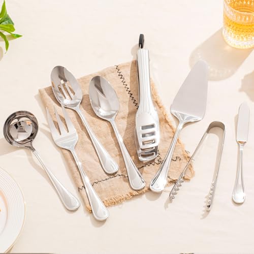 KINGSTONE 8 Piece Teardrop Serving Utensils Set, 18/10 Stainless Steel Serving Utensils, Slotted Spoons, Forks, Tongs, Cake Server, Butter Knife for Buffet, Catering, Wedding, Party - My Kitchen Products