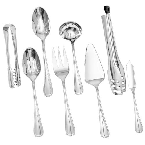 KINGSTONE 8 Piece Teardrop Serving Utensils Set, 18/10 Stainless Steel Serving Utensils, Slotted Spoons, Forks