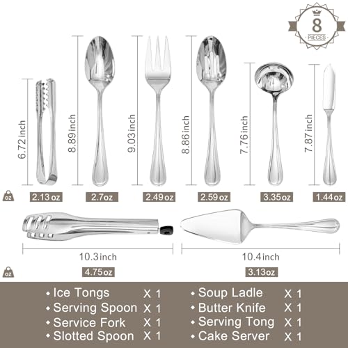 KINGSTONE 8 Piece Teardrop Serving Utensils Set, 18/10 Stainless Steel Serving Utensils, Slotted Spoons, Forks, Tongs, Cake Server, Butter Knife for Buffet, Catering, Wedding, Party - My Kitchen Products