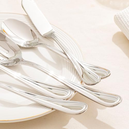 KINGSTONE 8 Piece Teardrop Serving Utensils Set, 18/10 Stainless Steel Serving Utensils, Slotted Spoons, Forks, Tongs, Cake Server, Butter Knife for Buffet, Catering, Wedding, Party - My Kitchen Products