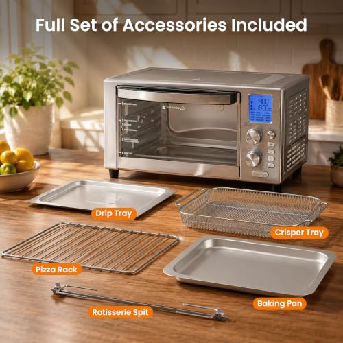 Kismile 12-in-1 Air Fryer Toaster Oven Combo, 23QT Convection Oven Countertop, 120-450℉, 360° Turbo Convection, Toast, Bake & Broil, Rotisserie for Chicken, Full Accessories, Stainless Steel - My Kitchen Products