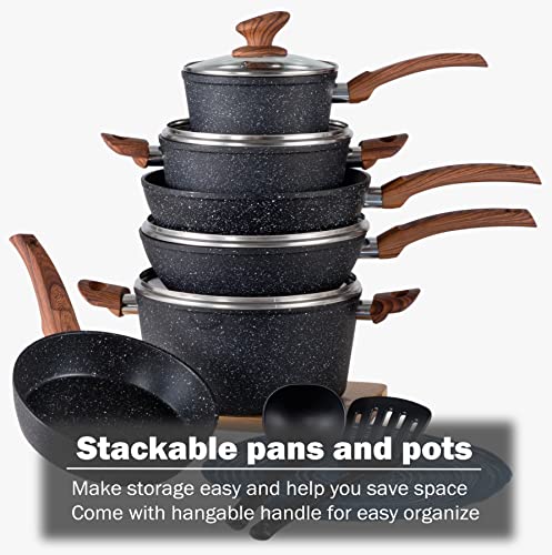 Kitchen Academy Induction Cookware Sets - 12 Piece Pots and Pans Set Non Stick, Black Granite Nonstick Cooking Pan Set(PFOS, PFOA Free) - My Kitchen Products