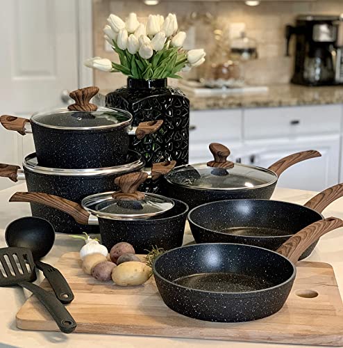 Kitchen Academy Induction Cookware Sets - 12 Piece Pots and Pans Set Non Stick, Black Granite Nonstick Cooking Pan Set(PFOS, PFOA Free) - My Kitchen Products