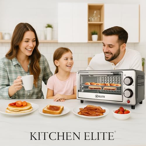 Kitchen Elite 4-Slice Toaster Oven, Compact Countertop Appliance with Bake Tray, Wire Rack, Adjustable Timer, and Temperature Control, Black - My Kitchen Products